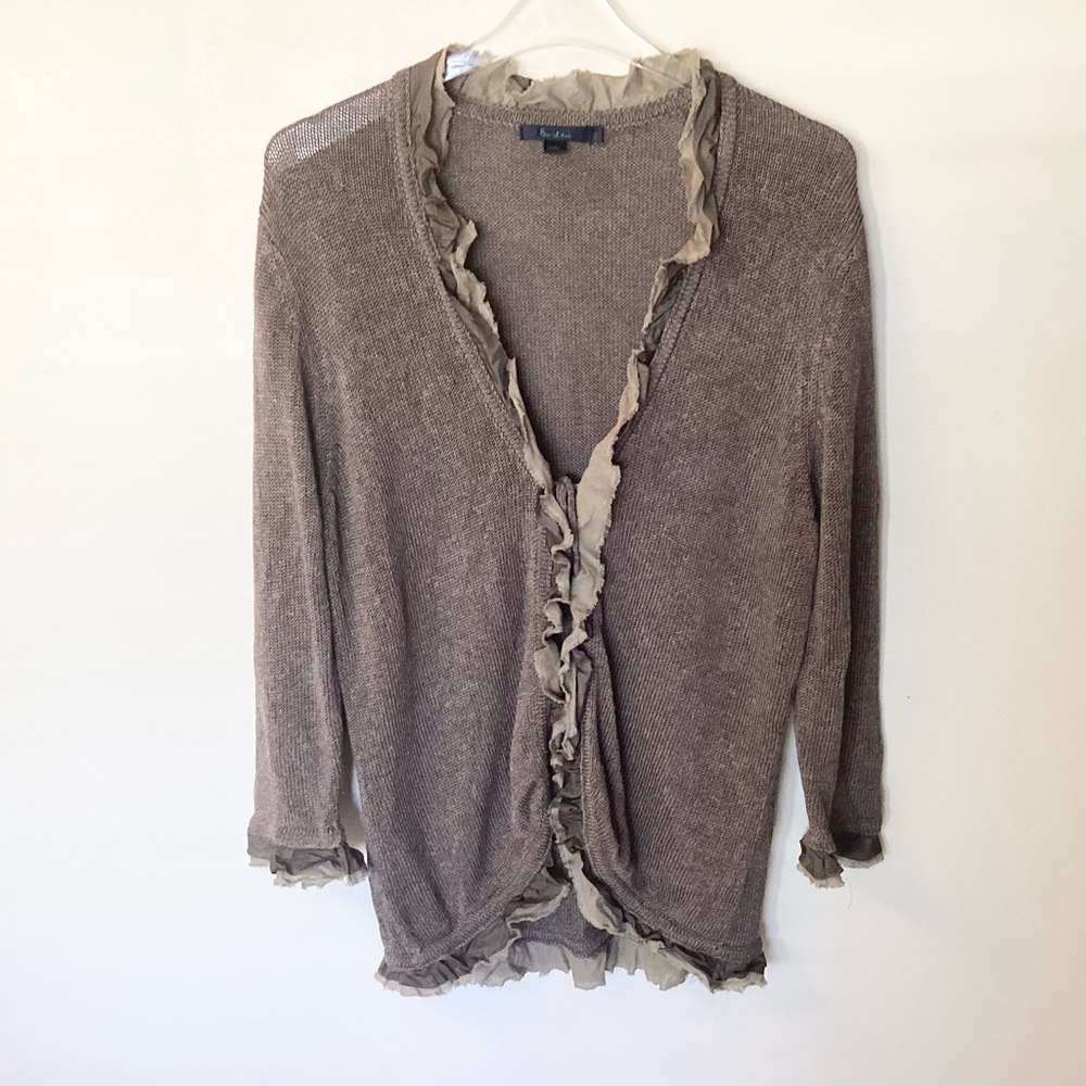 Boden Linen Blend Cardigan with Silk Ruffle Trim & Tie Closure Brown/Green XL